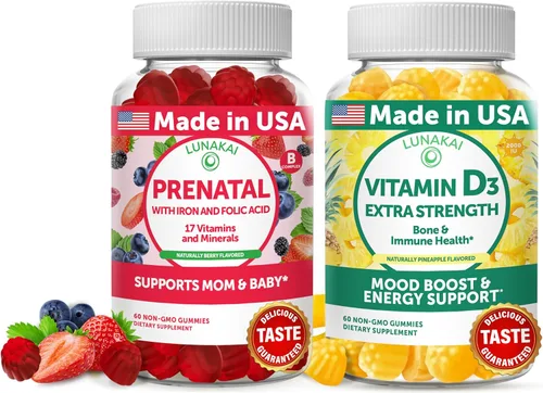 Paquete de gomitas prenatales y vitamina D3 de Lunakai - Multivitamínico en gomitas para el embarazo con hierro y ácido fólico - Suplemento de apoyo