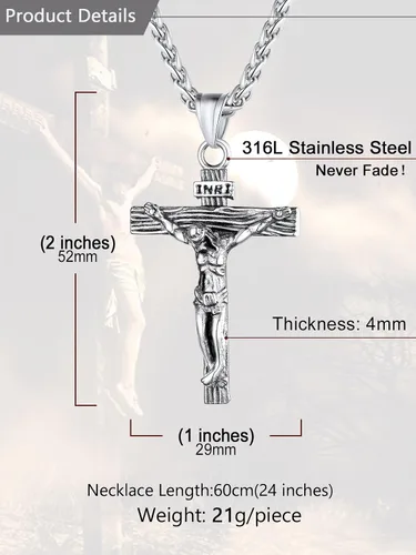 Miniatura 6 de U7 Colgante de cruz de crucifijo para hombre con cadena de bautismo, joyería cristiana, acero inoxidable, oro de 18 quilates, collar antiguo