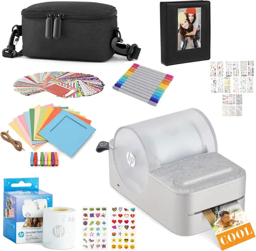 HP Sprocket Panorama - Impresora portátil de etiquetas de color e impresión de fotos instantáneas (gris) Paquete de regalo con estuche, rollo Zink,