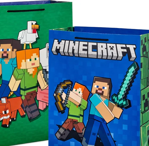 Miniatura 8 de Hallmark Paquete de bolsa de regalo Minecraft (2 bolsas: bolsa azul grande de 13 pulgadas, 15 pulgadas extra grande verde) para cumpleaños, Navidad