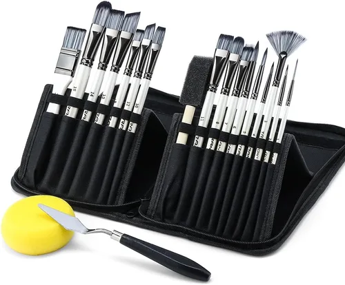 Miniatura 6 de Transon Kit de 20 pinceles de pintura artística con estuche de almacenamiento, 16 pinceles + espátula de esponja para aceite acrílico, acuarela