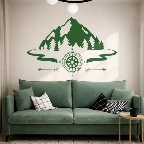Miniatura 4 de Vinilo grande para pared, diseño de montañas, brújula, camping, bosque, campamento, decoración artística (ig5651)