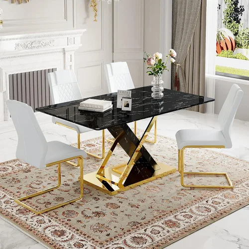 Miniatura 31 de Juego de mesa de comedor de mármol para mesa rectangular blanca de 4.63 pulgadas con marco de metal plateado en forma de X y 4 sillas de comedor