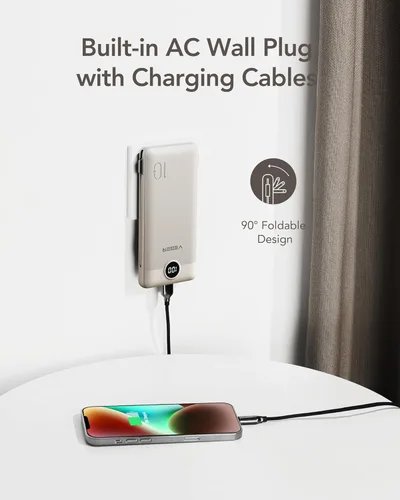 Miniatura 3 de VEGER Cargador Portátil con Enchufe de CA Integrado y Cables, Todo en Uno 10000mAh Batería Externa Ultra Delgada Esenciales de Viaje, Paquete