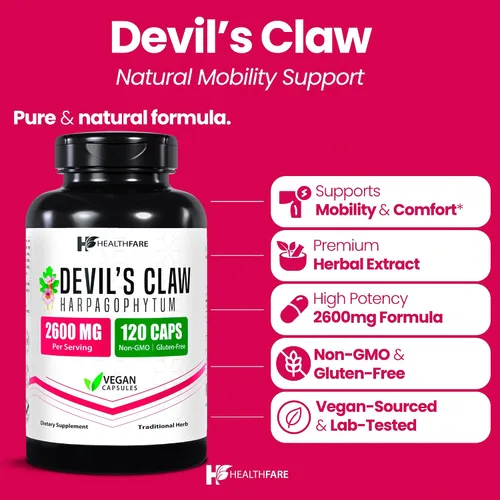 Miniatura 2 de Healthfare Devils Claw Root Suplemento de hierbas de 2600 mg 120 cápsulas veganas Extracto de raíz concentrado para apoyo articular Sin OMG