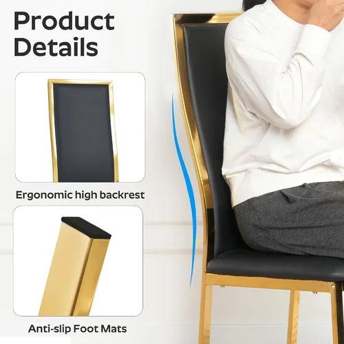 Miniatura 7 de Juego de mesa de comedor de cristal dorado moderno de 63 pulgadas para 6, juego de mesa de cocina rectangular de 7 piezas con patas de acero Negro