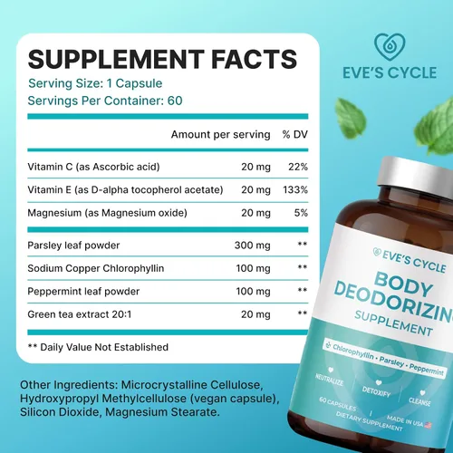 Miniatura 7 de Suplemento desodorizante corporal – Desodorante interno natural cápsulas de clorofila con perejil y menta – 60 pastillas veganas de 500 mg +