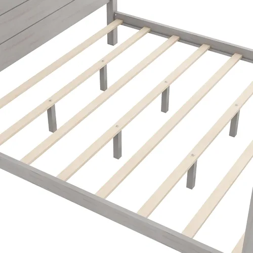 Miniatura 5 de Linique Cama de plataforma tamaño King con cabecera y patas de soporte, marco de cama King de madera con cuatro pósteres, no requiere somier, gris