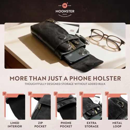 Miniatura 3 de moonster Funda de cuero para teléfono – Funda de cuero de búfalo de grano completo genuino de 7 pulgadas de alto x 3.5 pulgadas de ancho, funda