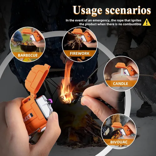 Miniatura 5 de LcFun Encendedor Eléctrico - Recargable por USB C, a Prueba de Viento e Impermeable, Encendedores de Plasma de Arco Dual Sin Llama con Cordón Naranja