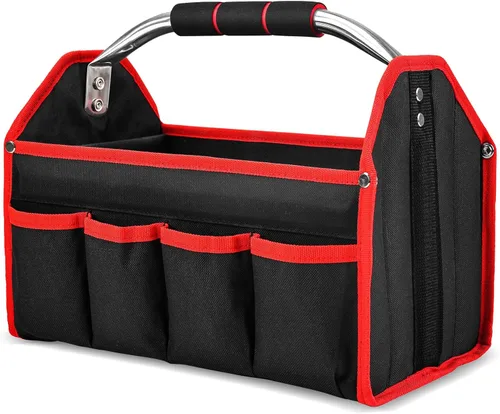 HAUTMEC TB0001 - Bolsa de mano de 8 bolsillos con tapa abierta para electricista, marco rígido de 13 pulgadas, contenedor de herramientas