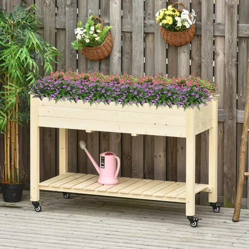 Miniatura 2 de Outsunny Cama de jardín elevada, 47 x 22 x 33 pulgadas, maceta de madera elevada con ruedas bloqueables, estante de almacenamiento y forro de cama