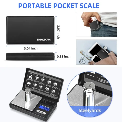 Miniatura 4 de THINKSCALE Mini báscula de bolsillo con 6 unidades, yardas, tara, báscula digital para joyas, medicinas, café, hierbas, peso cal incluido Negro