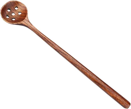 Miniatura 11 de 1 cuchara de madera de olivo, 11 pulgadas, estilo coreano, mango largo, cucharas redondas ranuradas de madera para mermelada de oliva