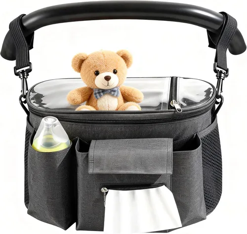 Miniatura 8 de Organizador de cochecito con portavasos aislados, bolsa universal para cochecito que se adapta a Uppababy, Baby Jogger, Nuna, correa de hombro Negro