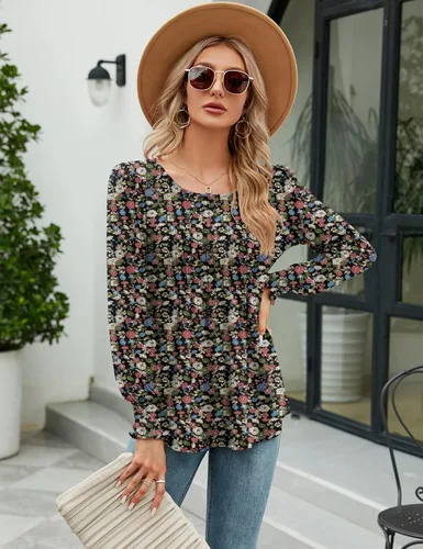 Miniatura 3 de LOMON Blusa de manga larga y corta para mujer, plisada, cuello redondo, estilo casual, holgada, para otoño