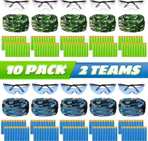 Suministros de fiesta compatibles con Nerf - Paquete de 10 pistolas de cumpleaños para niños, decoración de guerra, máscaras faciales y gafas, 200