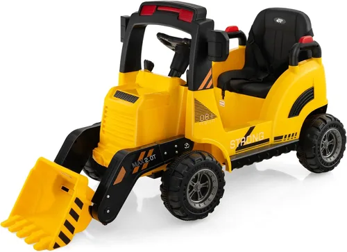 Costzon Excavadora para Montar, Bulldozer Excavadora con Batería de 12V con Cucharón de Excavación Ajustable, Luz LED Trasera, Música, Bocina,