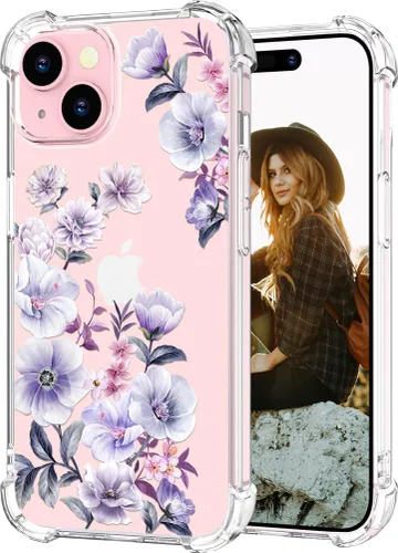 Miniatura 48 de Hungo Funda compatible con iPhone 15 Plus para mujer, diseño floral transparente, lindo, flor azul rosa Rosas Azules