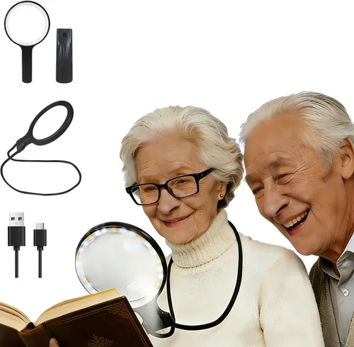 Lupa manos libres 5X con luz, lupa de cuello recargable para lectura, manualidades, punto de cruz, brillo ajustable para personas mayores de baja