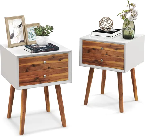 Miniatura 11 de GIANTEX - Mesa auxiliar con cajones y almacenamiento, mesa auxiliar de madera estilo Mid Century multiusos para dormitorio, sala de estar, muebles