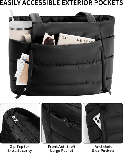 Miniatura 5 de Bolsa Tote Acolchada para Mujeres, Bolsa de Mano de Trabajo Ligera y Esponjosa para Maestras y Enfermeras, Bolsa de Hombro Acolchada para Escuela