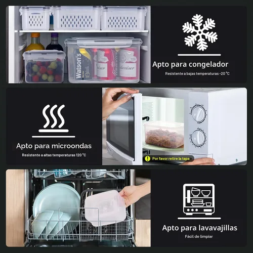 Miniatura 6 de HOTEC Paquete de 4 recipientes grandes de almacenamiento de frutas para refrigerador a prueba de fugas con colador extraíble, sin BPA, apto