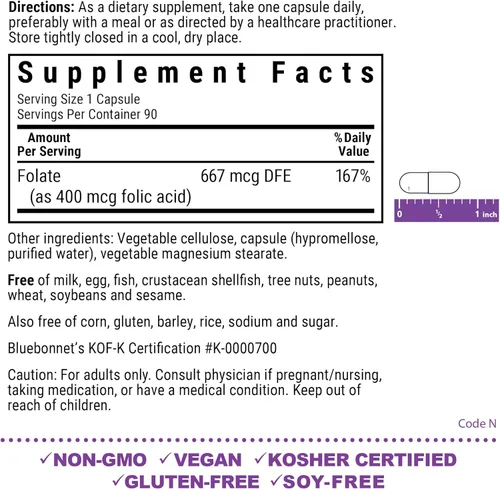 Miniatura 2 de Bluebonnet Nutrition Ácido fólico 400 mcg, salud prenatal y posnatal*, sin OMG, vegano, certificado Kosher, sin gluten, sin soja, sin lácteos, 90
