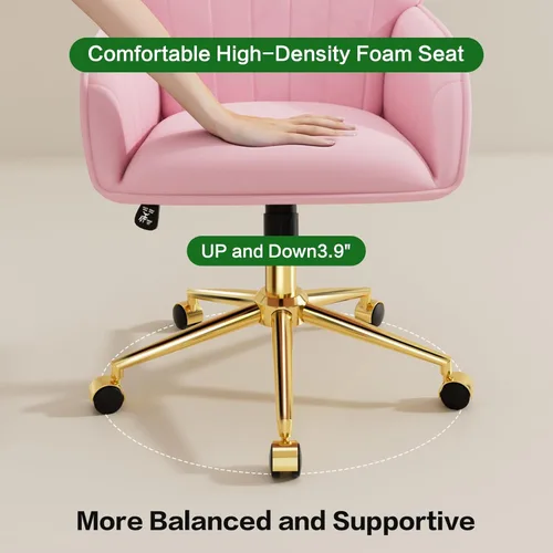 Miniatura 5 de Silla de Escritorio de Terciopelo Rosa con Cojín, Silla de Oficina Doméstica Tapizada con Ruedas Giratorias, Silla de Maquillaje, Silla de Oficina
