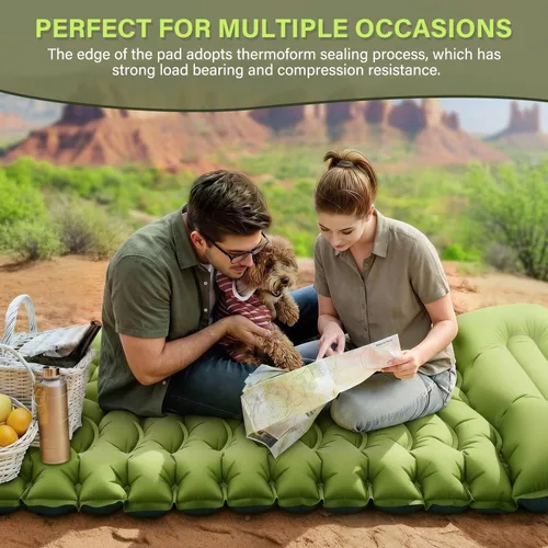 Miniatura 7 de FUN PAC Colchoneta de dormir para camping, ultraligera con almohada, bomba de pie integrada, almohadillas inflables compactas para acampar, Verde
