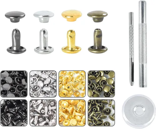 Miniatura 19 de 200 juegos de remaches de cuero con tapa redonda de 6 mm, remaches de doble tapa, pernos metálicos tubulares para reparación de llaveros de bolso