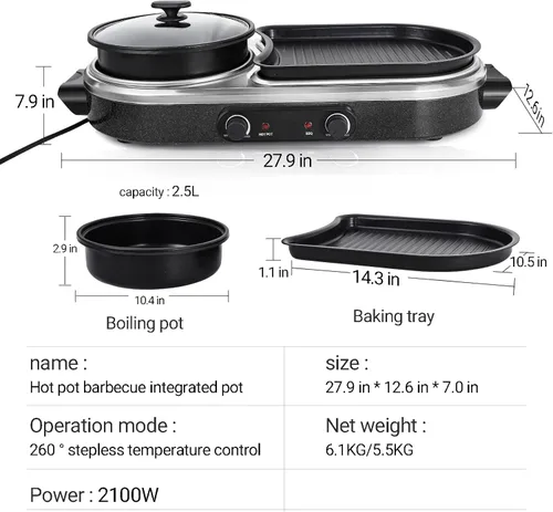 Miniatura 2 de Parrilla eléctrica con olla caliente, parrilla eléctrica 2 en 1, parrilla de barbacoa coreana sin humo para interiores, olla eléctrica antiadherente
