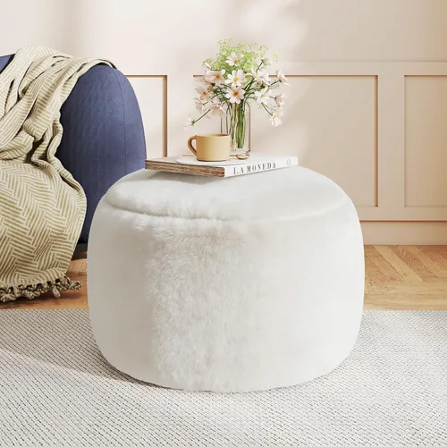 Miniatura 14 de Puf otomano redondo de relleno, pufs de piel sintética con relleno de espuma viscoelástica, otomanas para sala de estar, guardería, dormitorio, Gris