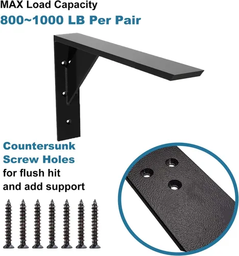 Miniatura 3 de Soportes de estante resistentes, paquete de 2 soportes de estante de 12 x 10 x 2.5 pulgadas, acero negro de 3/8 pulgadas de grosor, soporte en L