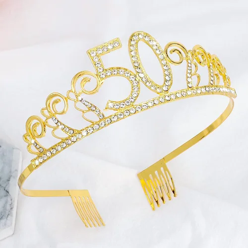 Miniatura 3 de CIEHER Juego de corona y banda de cumpleaños número 50, fabulosos regalos de cumpleaños para mujeres, suministros de fiesta de mamá