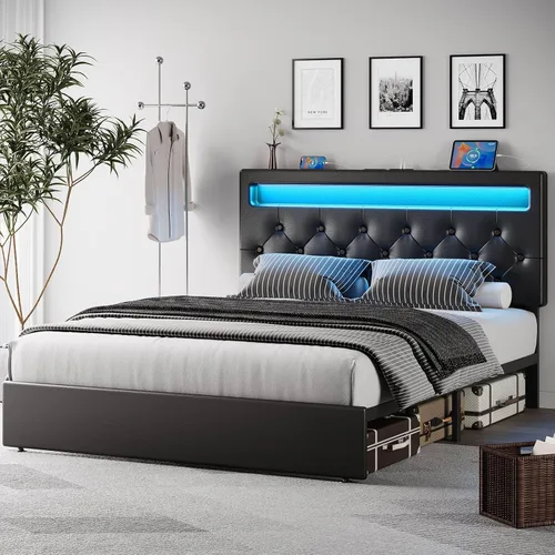 Miniatura 8 de Rolanstar Base de cama individual con estación de carga, cama LED con almacenamiento debajo de la cama, cabecera ajustable de 38.9/40.8 pulgadas,