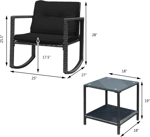 Miniatura 3 de DORTALA Juego de muebles de patio de 3 piezas, mecedora de ratán y mesa de centro de cristal con cojines, juego de 3 muebles de mimbre para Negro