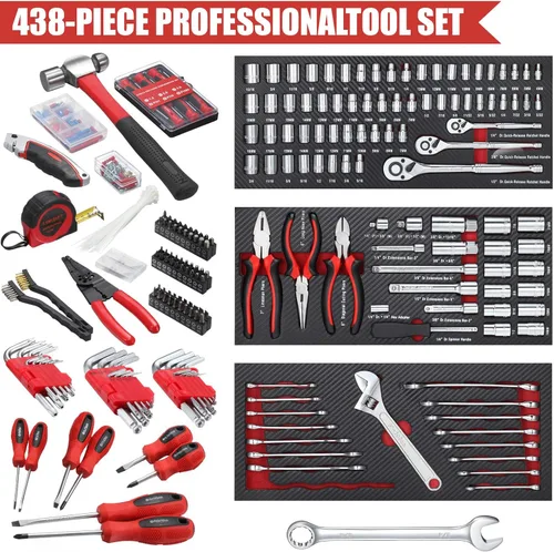 Miniatura 2 de Juego de herramientas mecánicas de 438 piezas con caja de metal resistente de 3 cajones, kit de herramientas de reparación -02