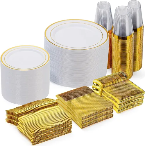 Miniatura 9 de Goodluck 600 Piezas Platos Desechables Plateados para 100 Invitados, Juego de Vajilla de Plástico de 100 Platos de Cena, 100 Platos de Ensalada, 100