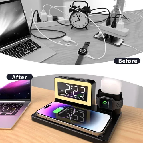 Miniatura 8 de Estación de carga rápida inalámbrica, reloj despertador 7 en 1 con soporte de cargador inalámbrico, base de carga para Apple, para múltiples