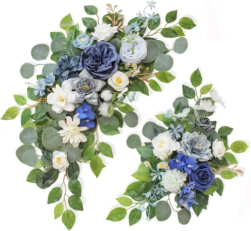 Letreros florales de bienvenida de boda (paquete de 2), flores de arco de boda para decoración de boda y decoración de fondo de recepción (azul)