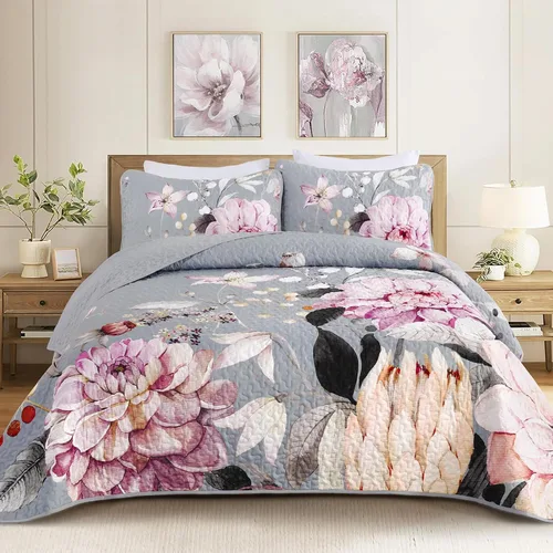 Miniatura 24 de Juego de colcha floral tamaño Queen de 3 piezas, juego de colcha con estampado floral rojo suave de microfibra ligera, cubrecama acolchado negro