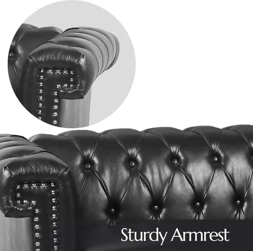 Miniatura 4 de Sofá Chesterfield de piel sintética negra para sala de estar, asiento profundo, cómodo sofá de 3 plazas de gran tamaño, con botones, con cabeza