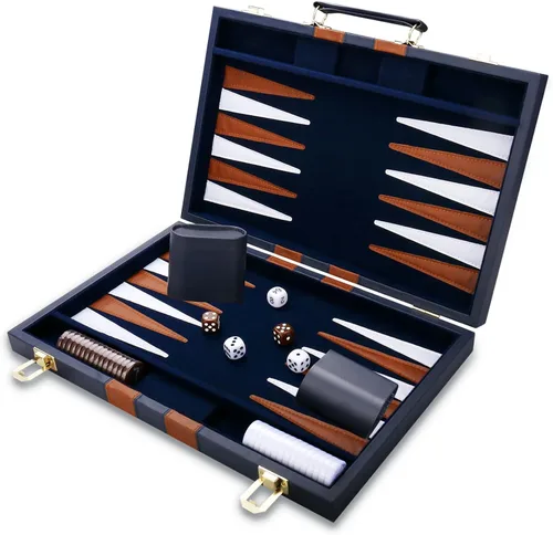 Miniatura 9 de Juego de Backgammon - Juego de mesa clásico con funda de cuero de primera calidad - Juego de estrategia de viaje portátil de backgammon para adultos