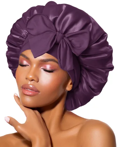 Miniatura 13 de Gorro de satén de seda para dormir con banda ancha para cabello rizado, color rosado oro rosa claro