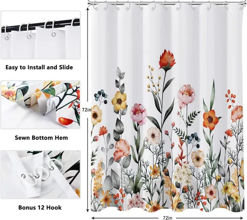 Miniatura 6 de Cortina de ducha floral, cortinas de ducha de flores para baño, cortina de baño de hojas de acuarela, cortinas de ducha de tela para el hogar
