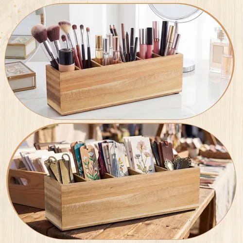 Miniatura 5 de Jetec Portalápices de madera para escritorio, 6 compartimentos, organizadores de escritorio de oficina de madera para encimera, organizador