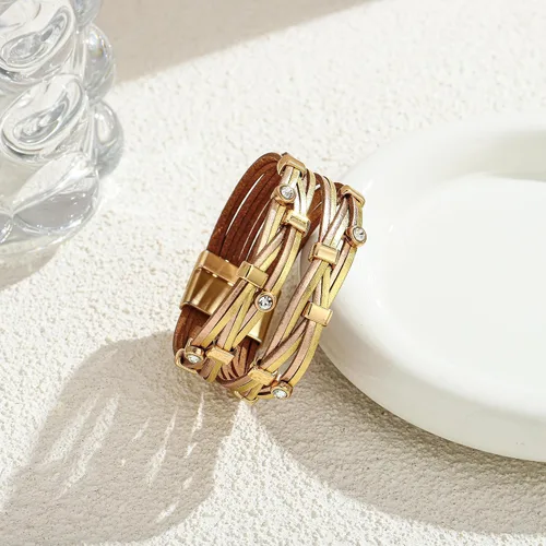 Miniatura 3 de Pulseras de cuero para mujer, estilo bohemio, multicapa, con cuentas de cristal, hechas a mano, apilables, de cuero, joyería