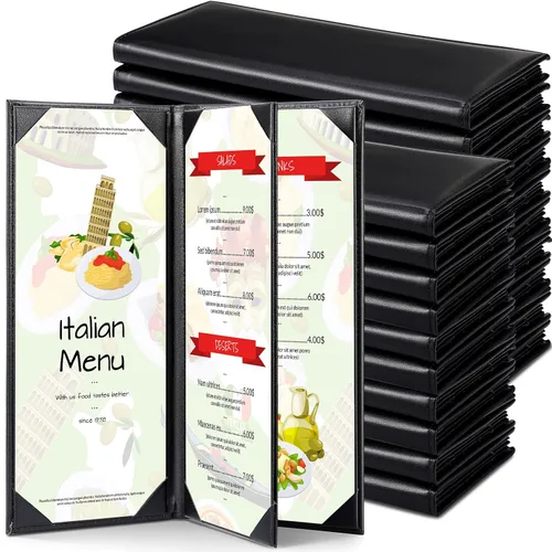 Jexine 20 fundas negras para menú, impermeables, para restaurante, cafetería, bar, de piel sintética, 4 vistas, libro de menú plegable con esquinas
