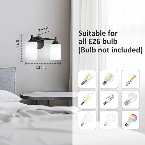 Miniatura 2 de Lámpara de baño negra mate, 2 luces para tocador de baño con pantalla de vidrio esmerilado blanco, modernos apliques de pared para dormitorio